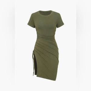 Micas draw string ruched slit mini dress.